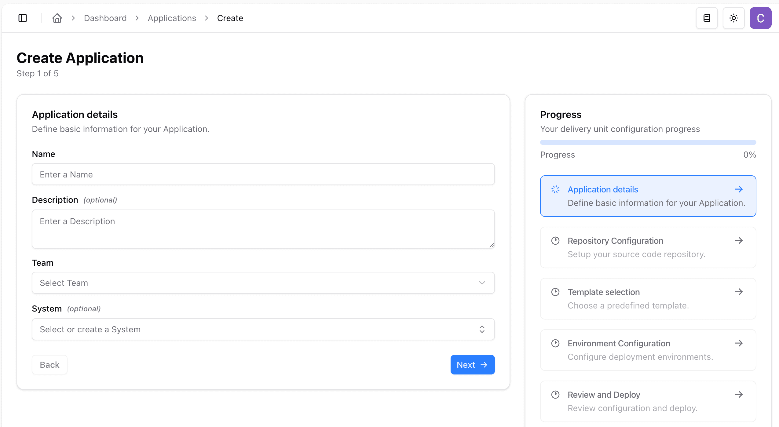 Create application details in the dashboard