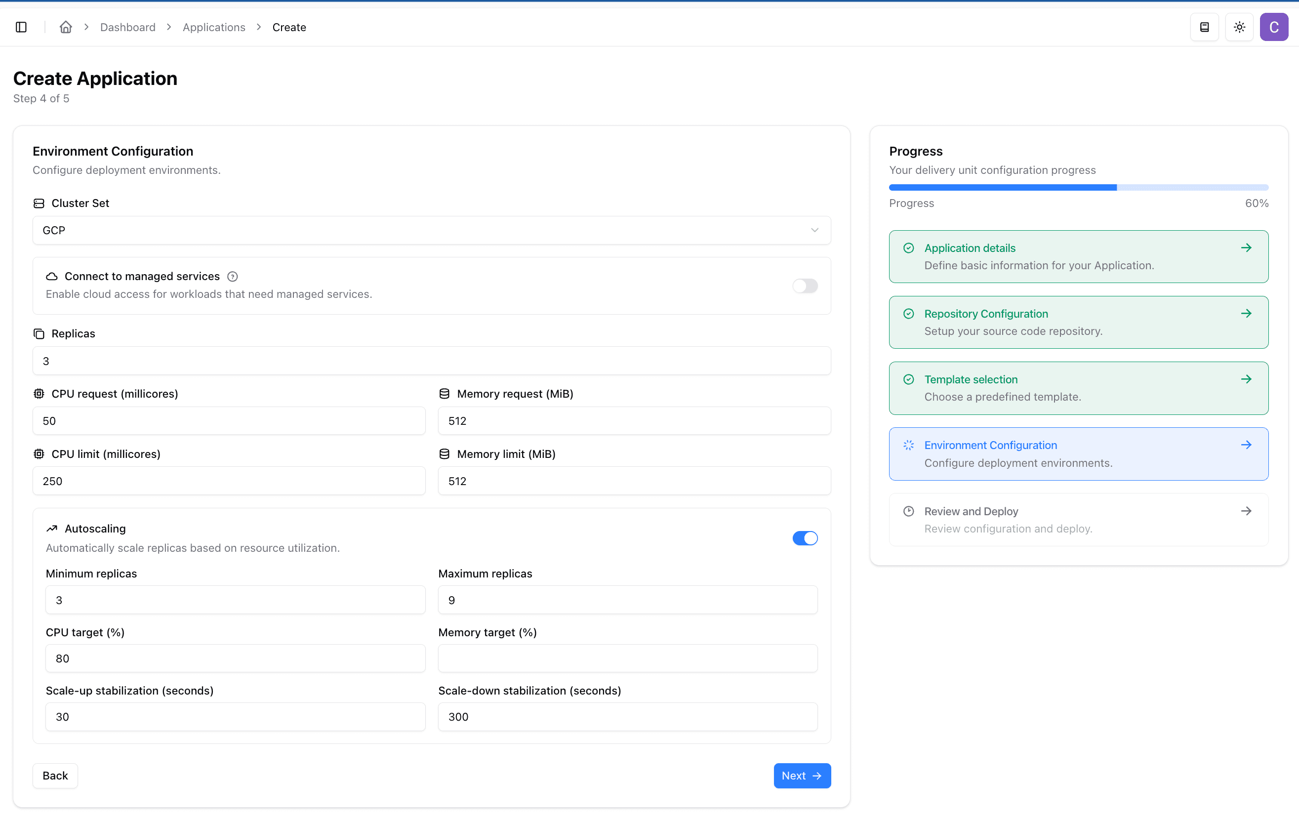 Configure application deployment environments in the dashboard