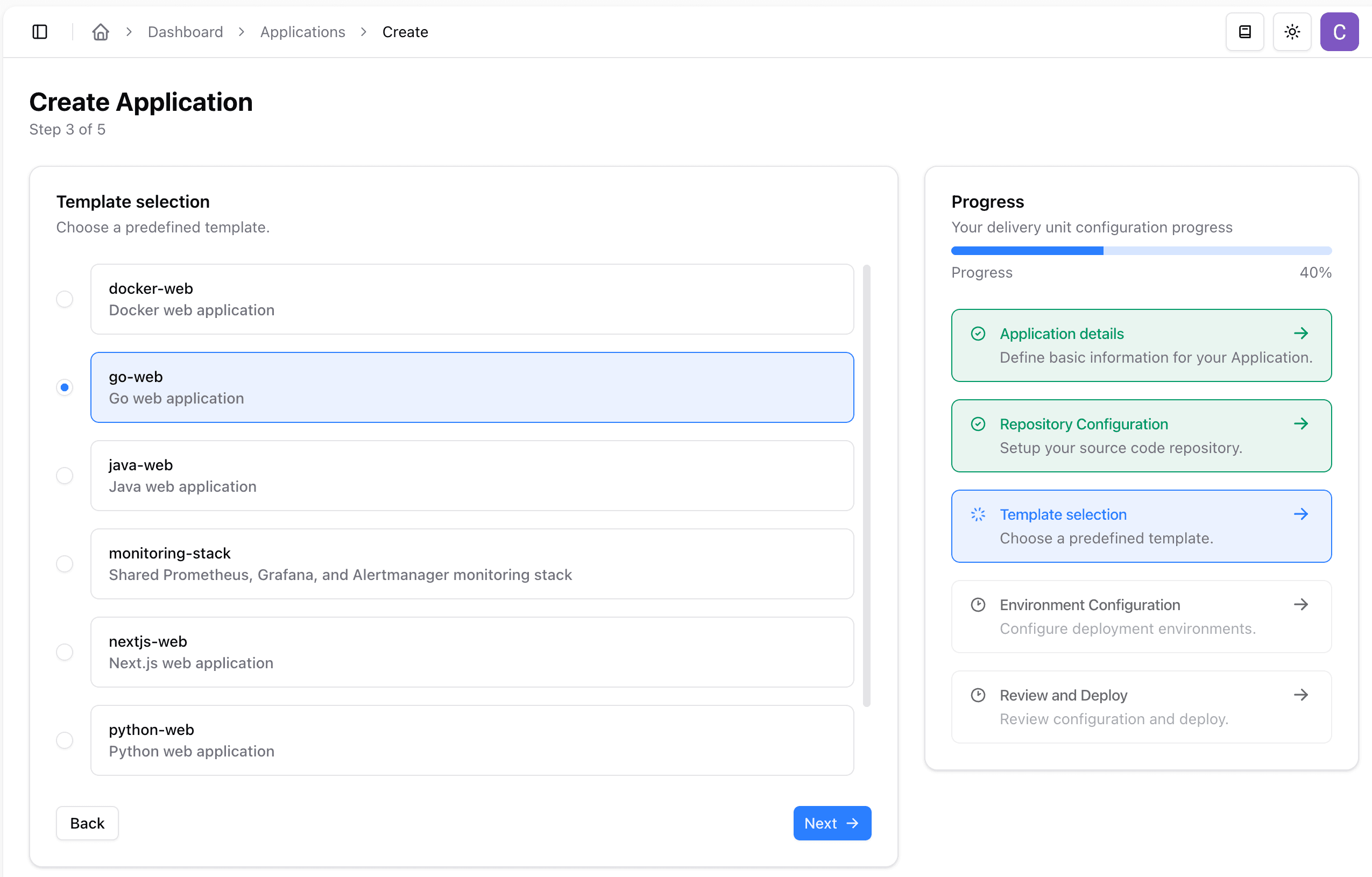 Choose an application template in the dashboard create application wizard