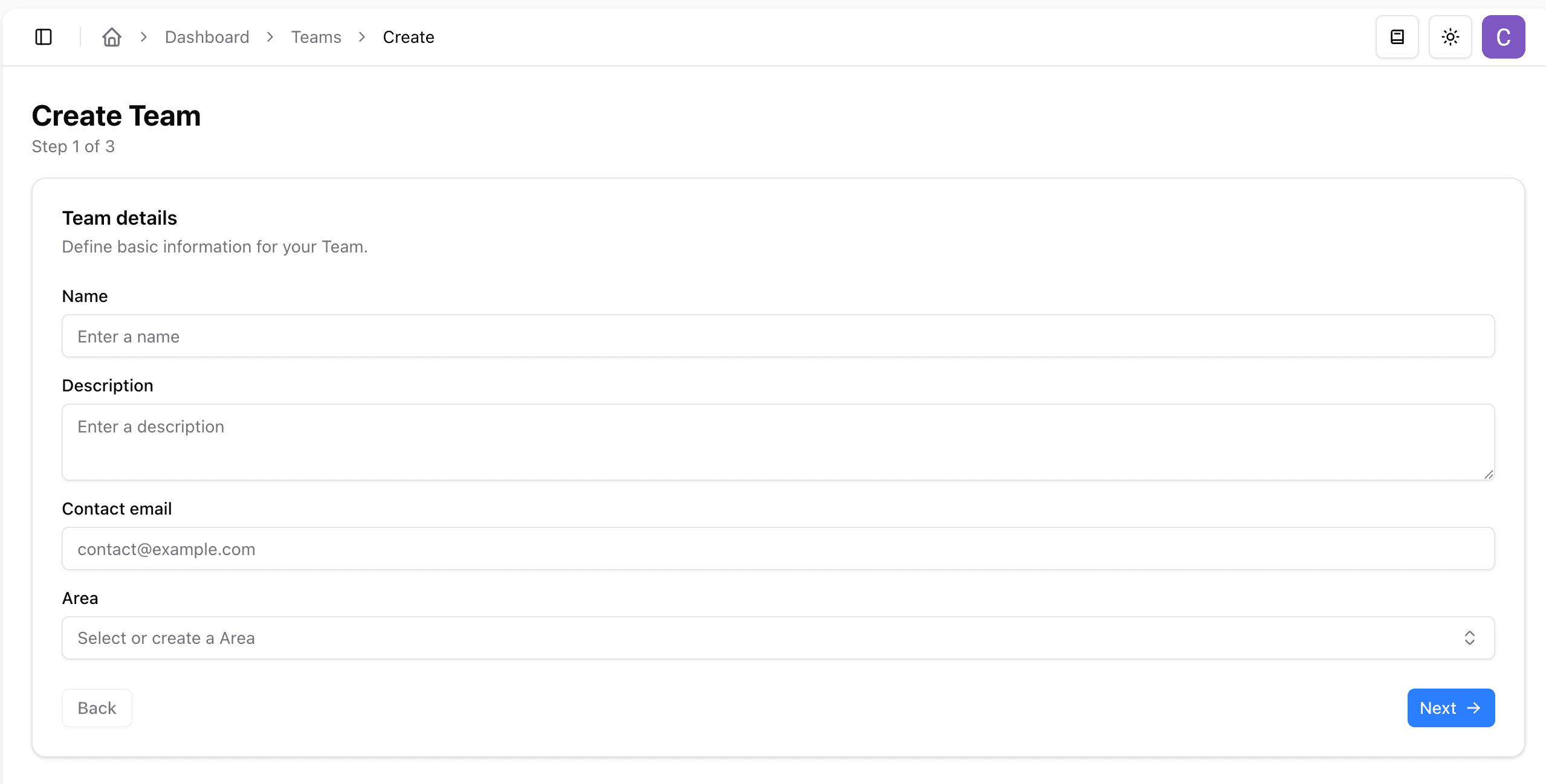 Create team details in the dashboard